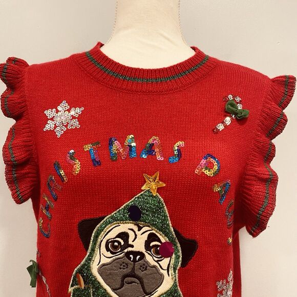 UGLY CHRISTMAS Sweater Vest M Pug Dog Embellished Sequin Metallic Knit Holiday - Picture 3 of 16